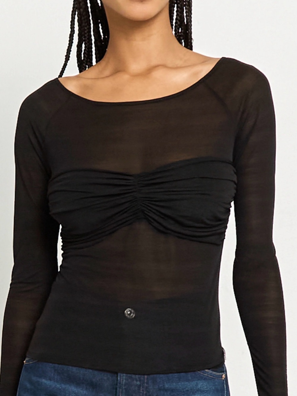 Kourt Brooks Black Long-Sleeve Ruched Mesh Top by